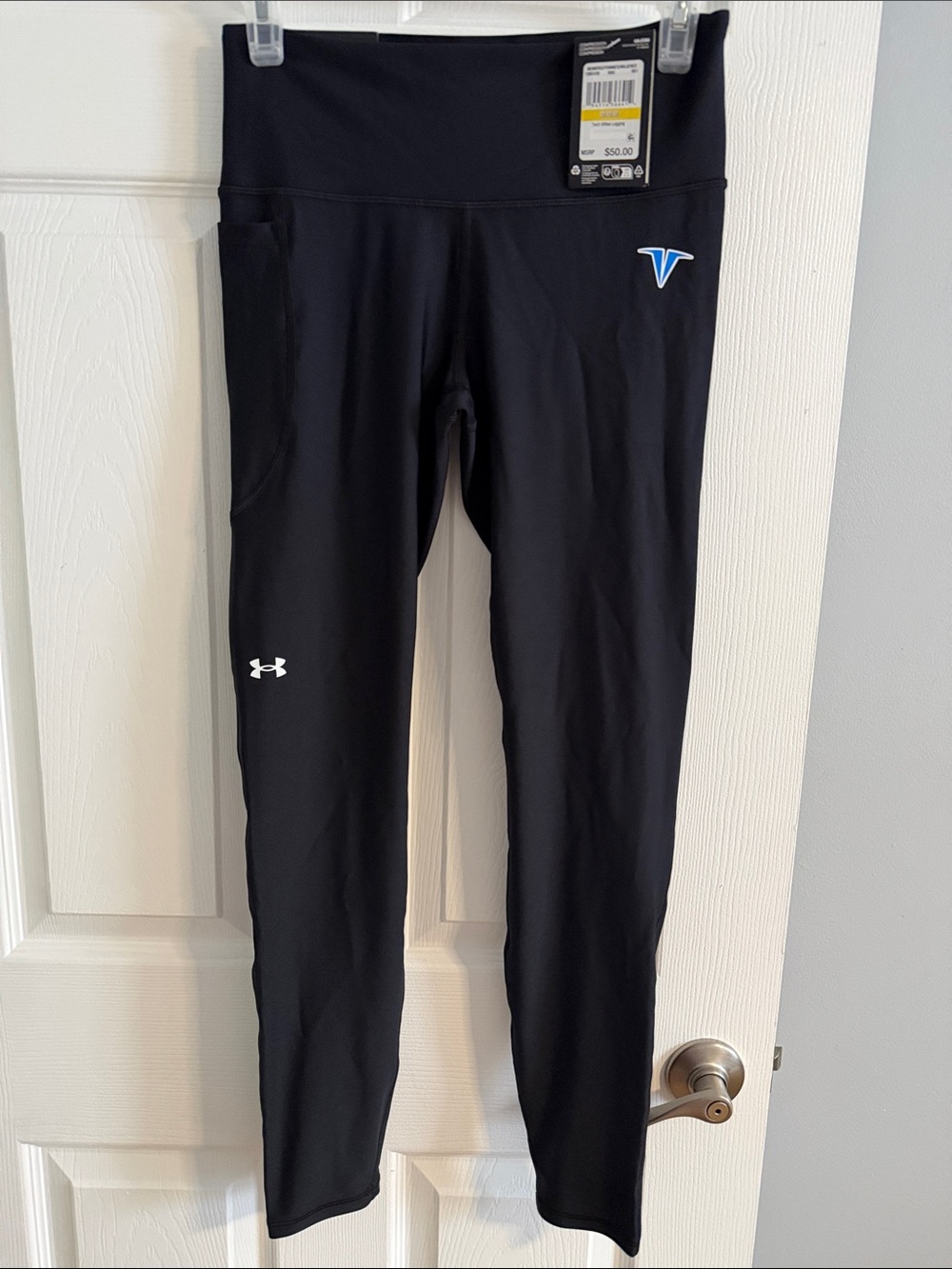 Under Armour Women’s Black Tech HiRise Leggings with Blue Accent Logo - size Med